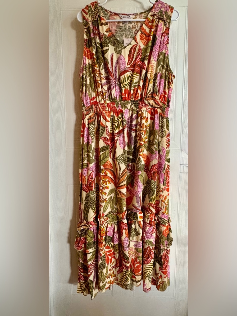 Nanette Lepore Colorful Tropical Palm Leaf Smocked Maxi Dress XL NWT